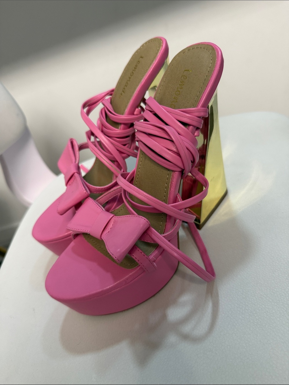 Lemonora Hot Pink Bow Lace-Up Heeled Sandals - Picture 4 of 9